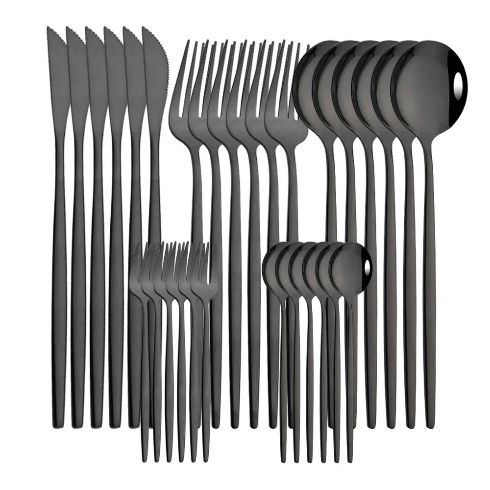 30-Piece Black Gold Stainless Steel Dinnerware Set | Kitchen Cutlery