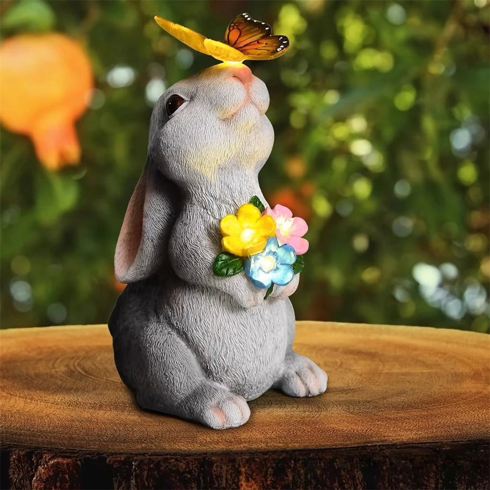 Solar Bunny Garden Statue with LED Butterfly Light - Outdoor Resin Decor