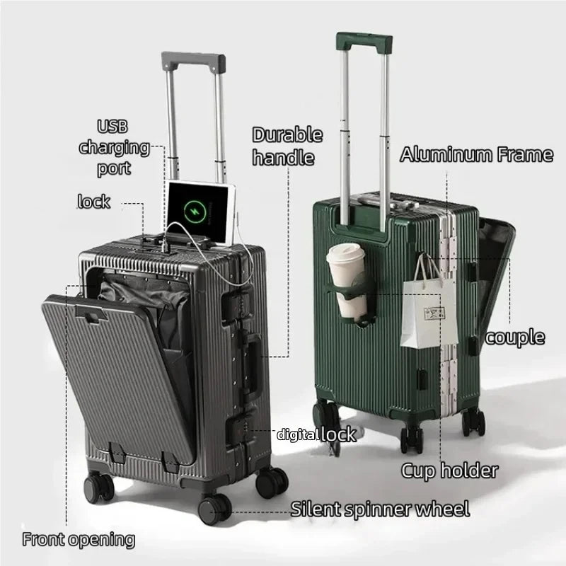 Vabena Front Opening USB Charging Aluminum Carry-on Suitcase