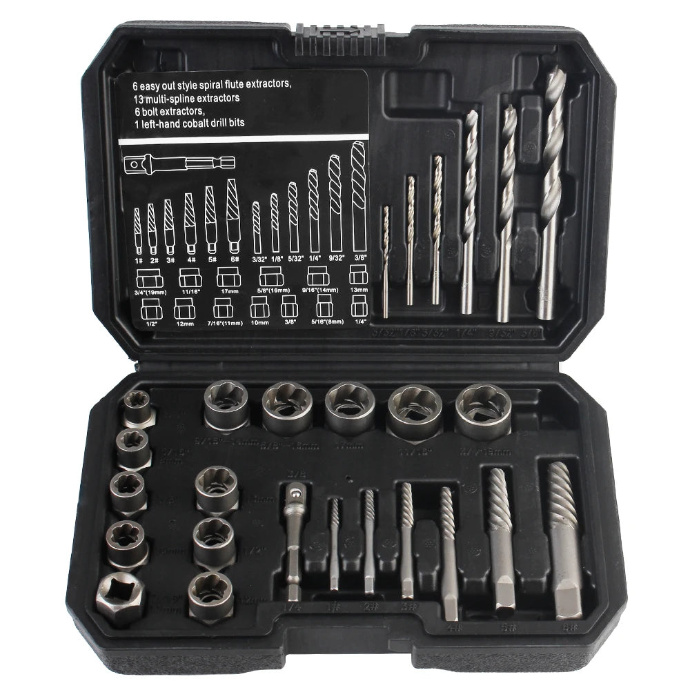 Damaged Screw Extractor & Bolt Remover Kit - 26 Pcs Car Repair Tool Set