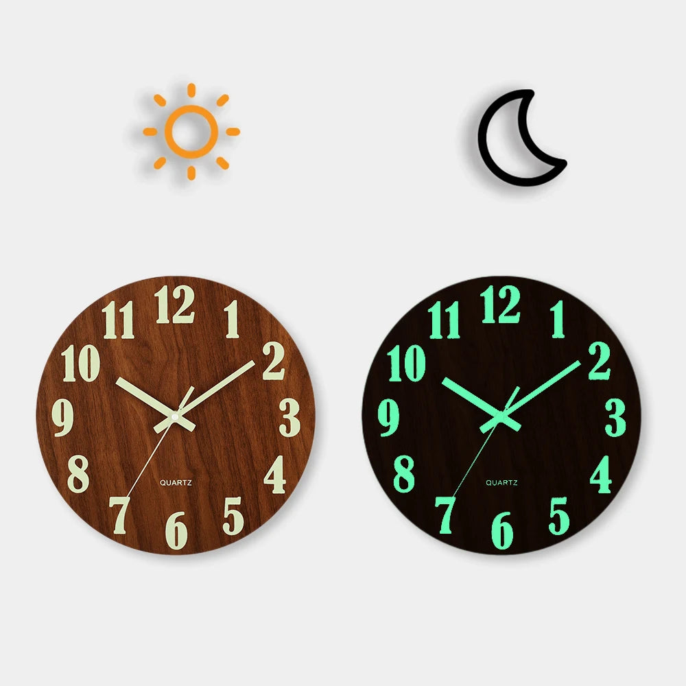 12-inch Luminous Silent Wood Wall Clock - Nordic Night Light Decor