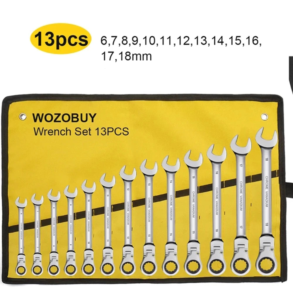 Ratcheting Flex Head Spanner Set | 6-23mm Metric Wrench Kit