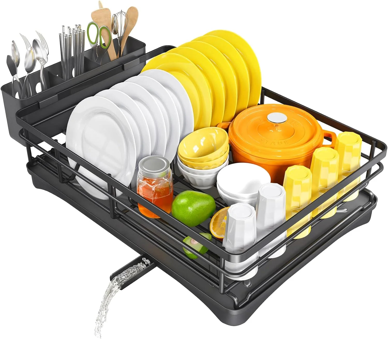 Large Rustproof Dish Drying Rack for Kitchen Counter with Drainboard & Utensil Holder