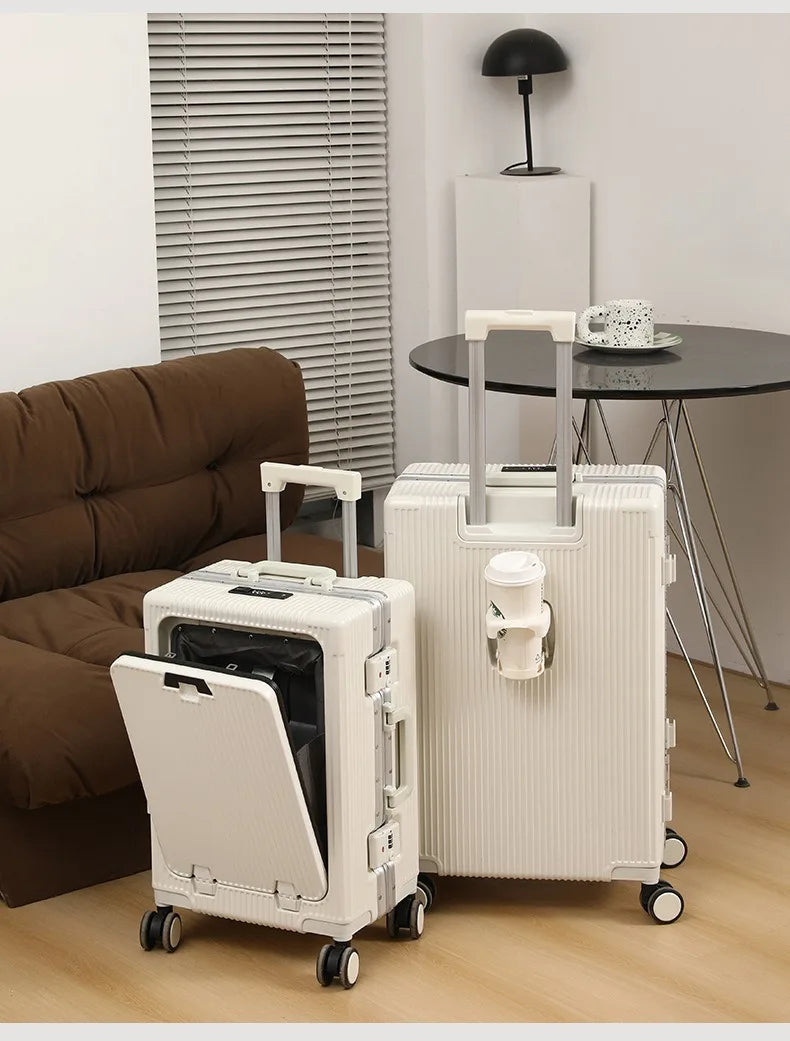 Vabena Front Opening USB Charging Aluminum Carry-on Suitcase
