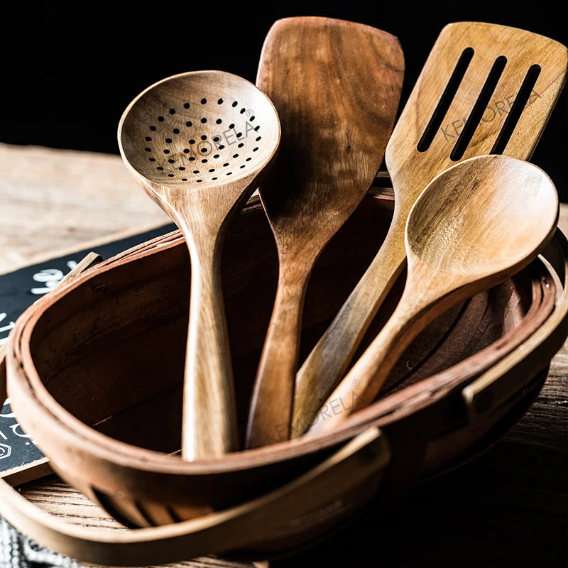 9-Piece Teak Wooden Cooking Utensil Set with Holder
