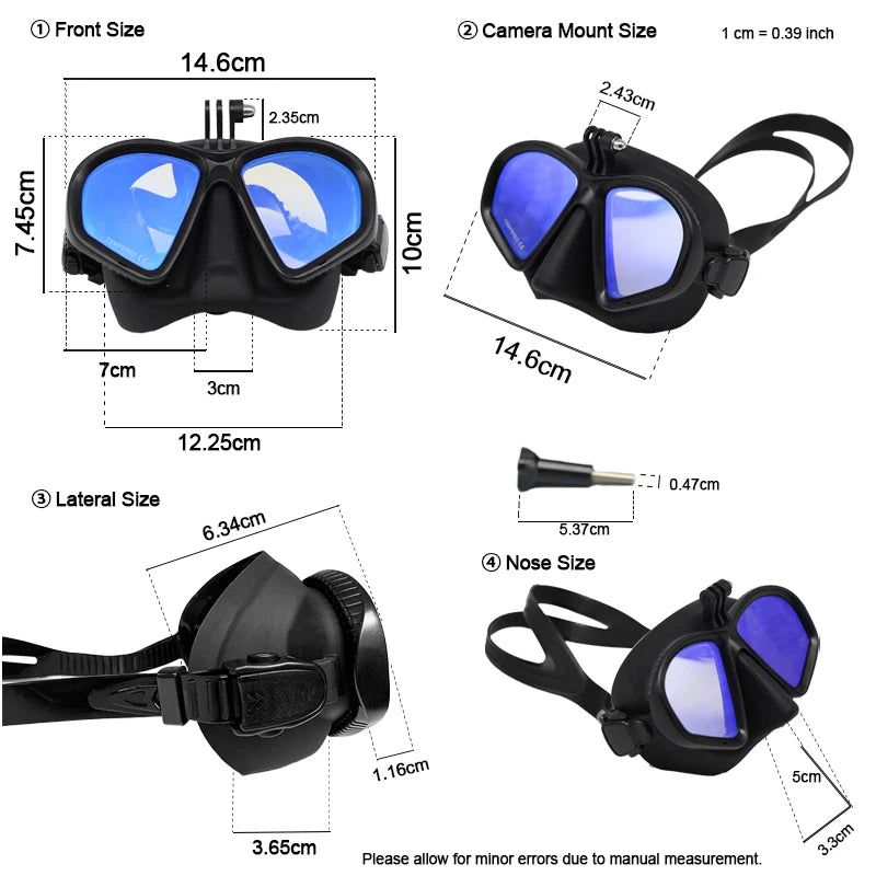 Low Volume Freedive Mask & Snorkel Set with Camera Mount - Tempered Glass Black