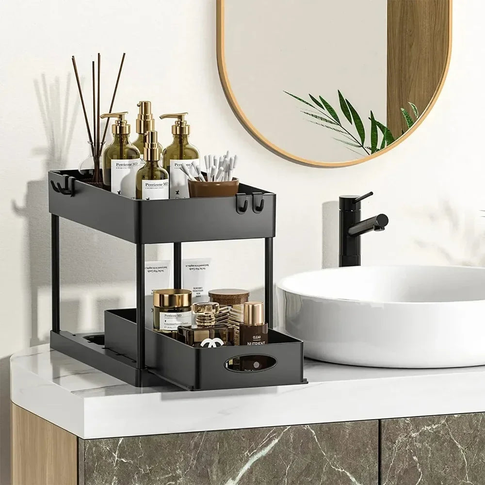 2-Tier Under Sink Organizer - Sliding Cabinet Basket Storage Rack for Bathroom & Kitchen