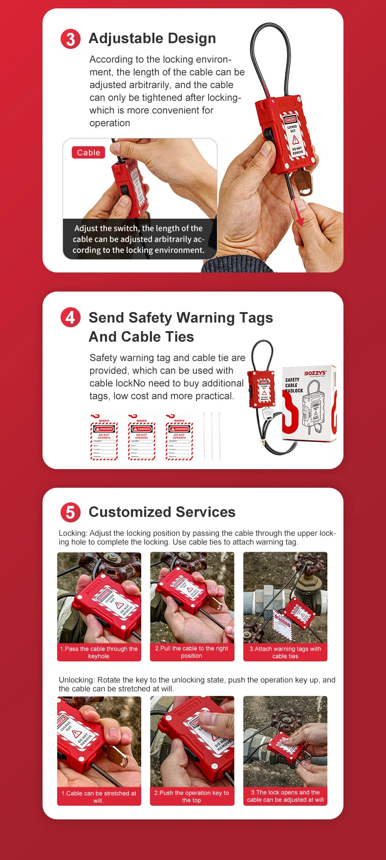 BOZZYS Adjustable Cable Lockout Padlock - Industrial Safety Lock