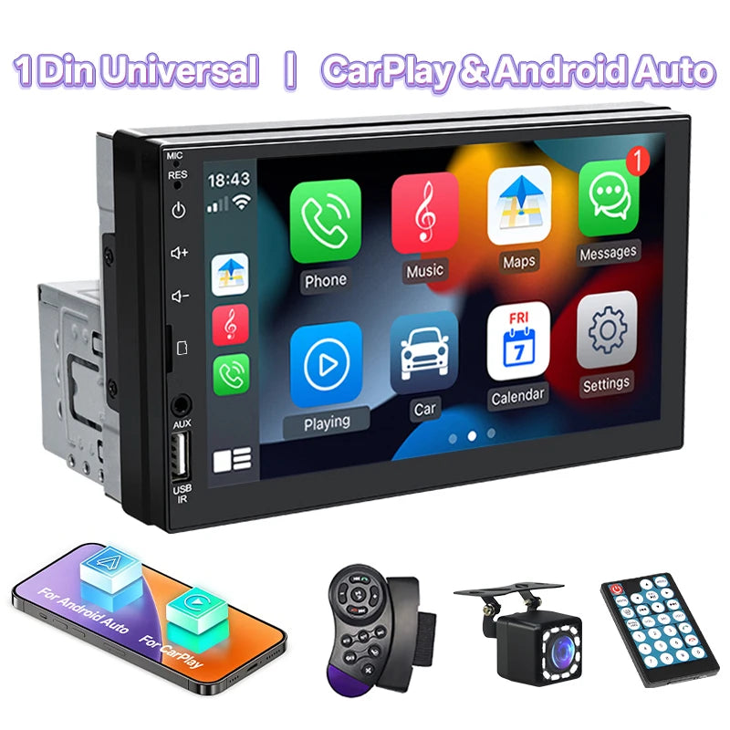 Hippcron 7" 1 Din Car Radio - CarPlay Android Auto Multimedia Player