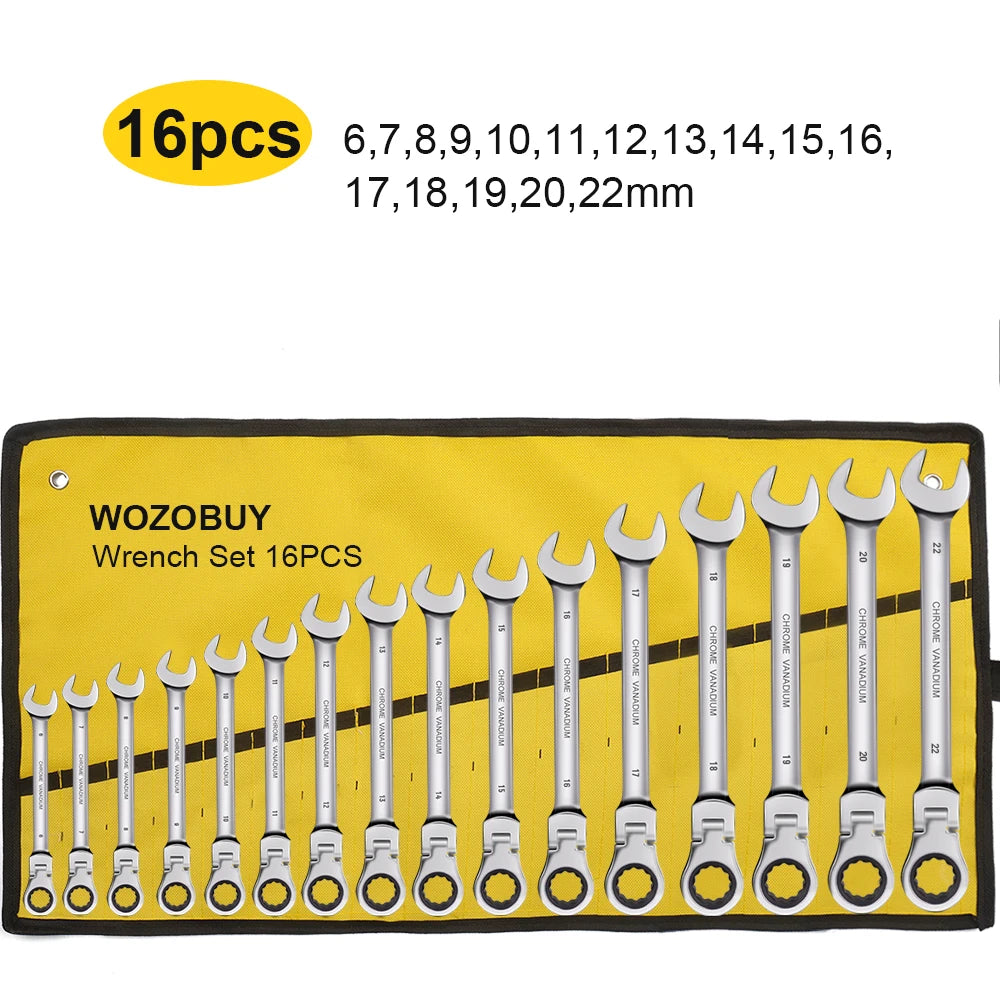 Ratcheting Flex Head Spanner Set | 6-23mm Metric Wrench Kit