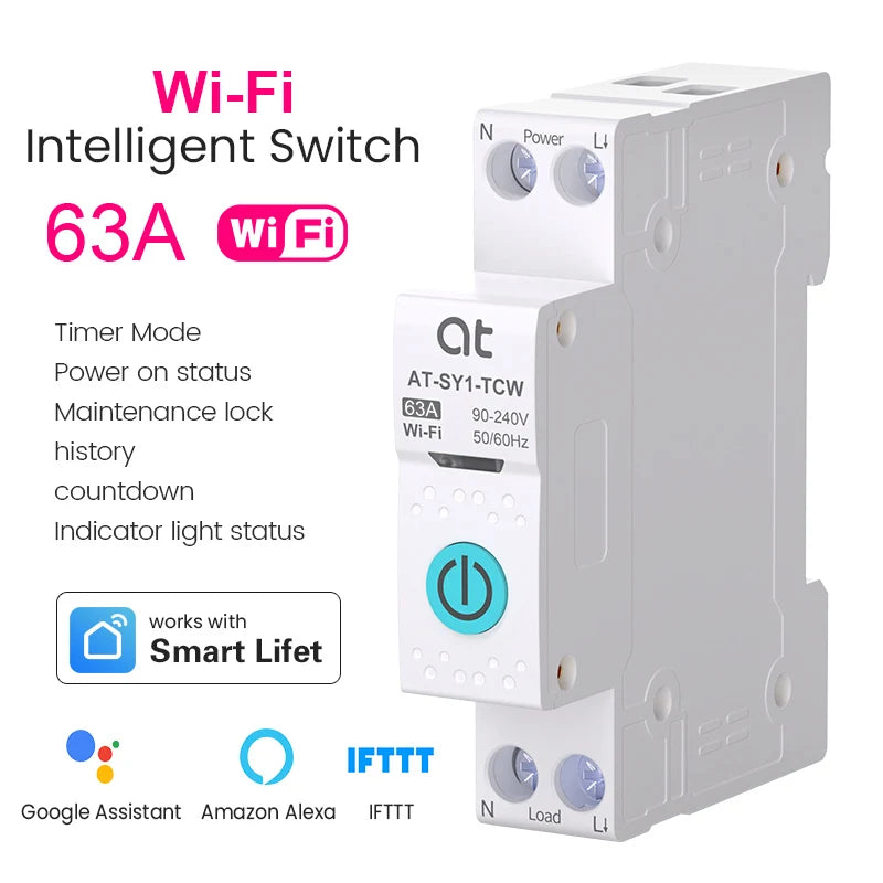 Tuya WiFi Smart Circuit Breaker 1P+N 63A - Remote Control, Energy Monitoring & Voice Assistant