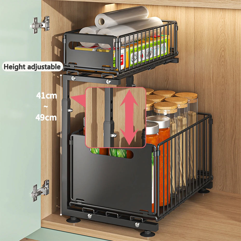 2-Tier Pull-Out Cabinet Organizer - Adjustable Under Sink Storage & Spice Rack
