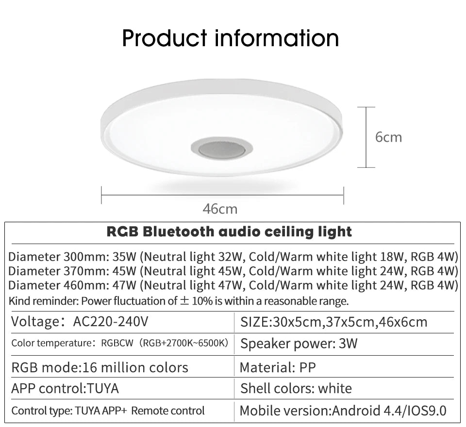 LED Smart RGB Ceiling Lamp with Speaker - App Control & Dimmable
