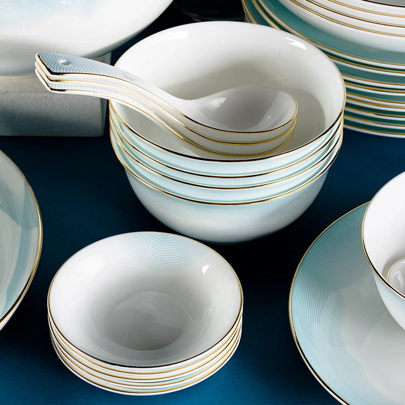 Vabena 80pcs Nordic Gold Rim Luxury Bone China Dinnerware Set