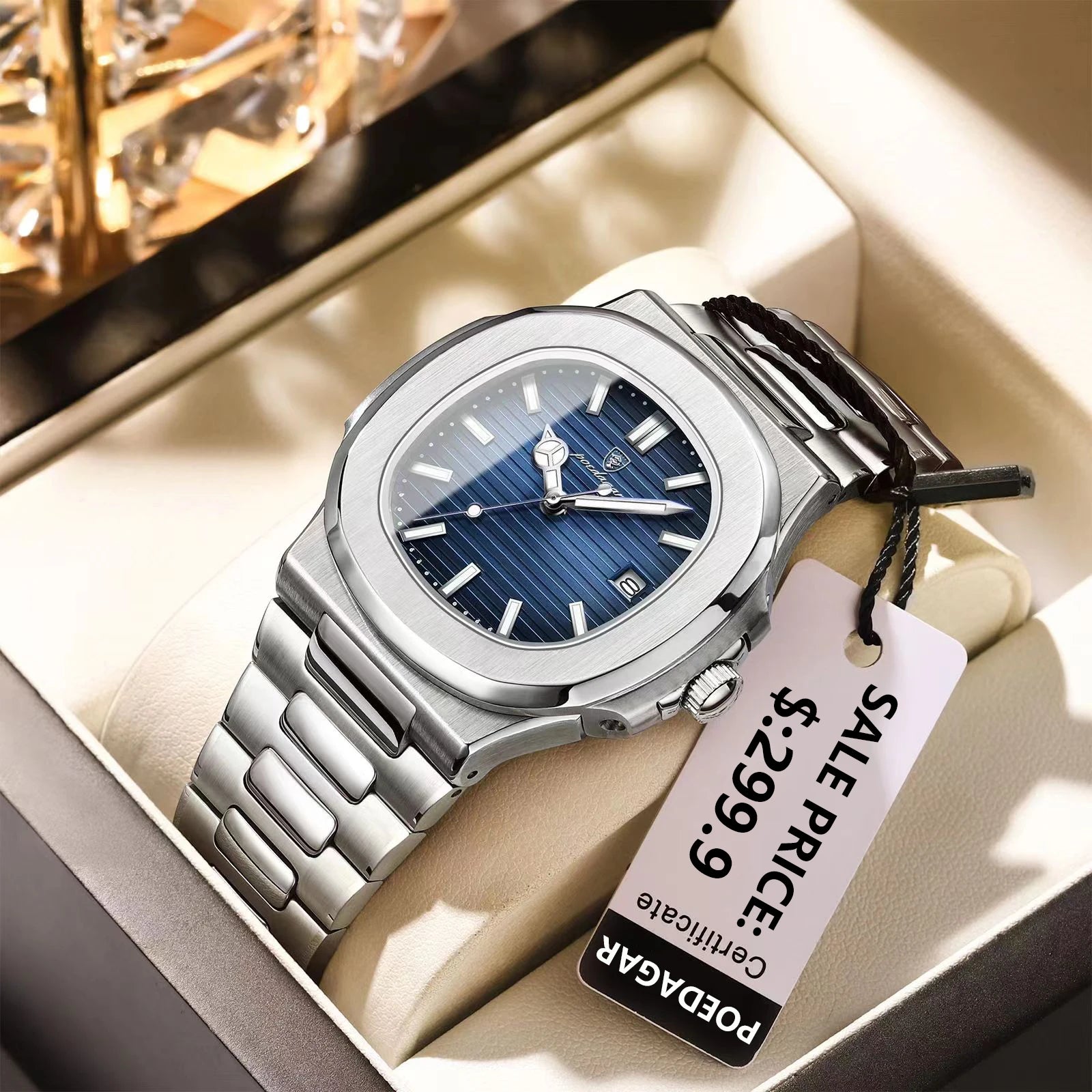 POEDAGAR Men's Square Luxury Quartz Watch - Waterproof, Luminous Date, Stainless Steel for Business & Sport