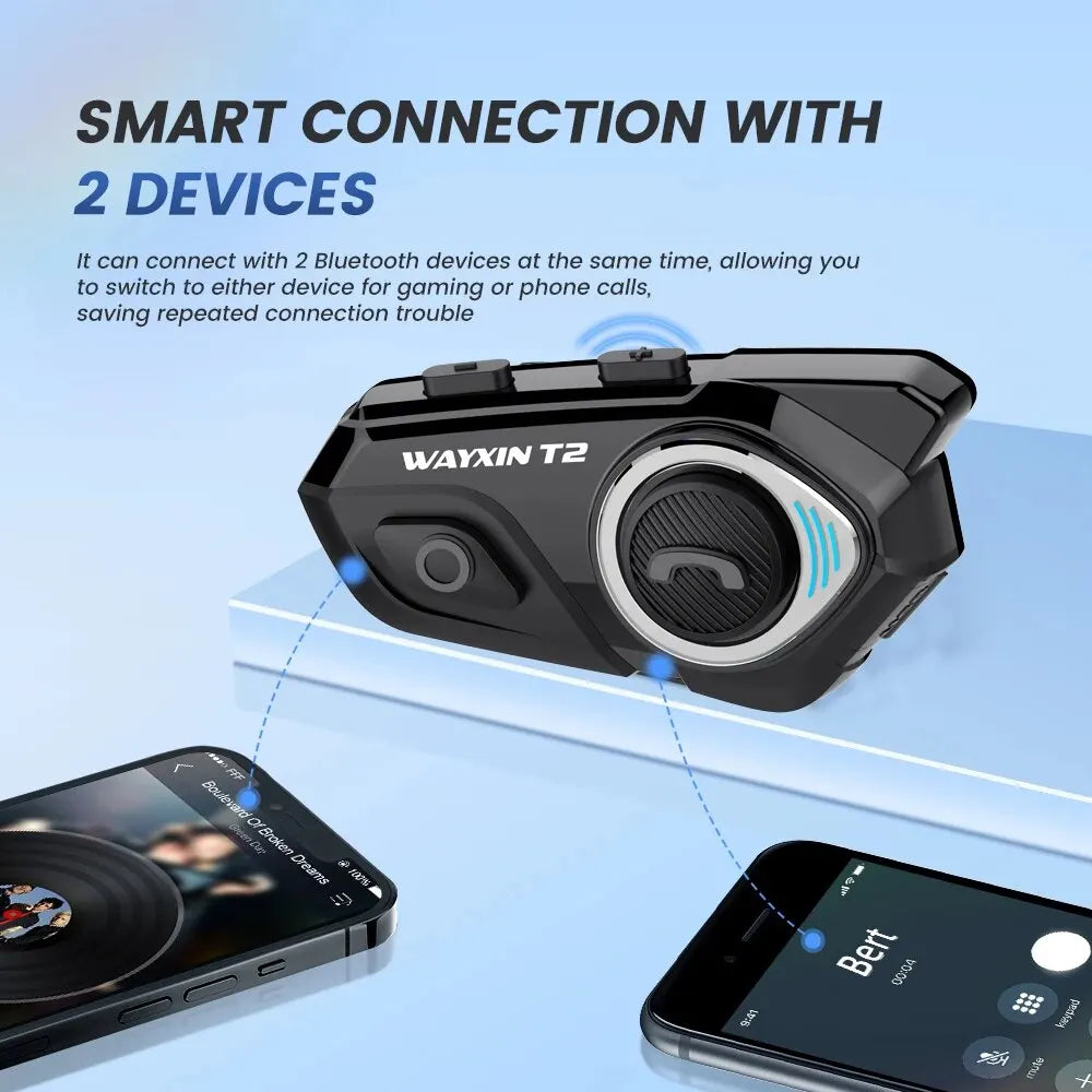 WAYXIN T2 Motorcycle Bluetooth Intercom - 2 Rider, 300M, BT 5.1, Waterproof Headset