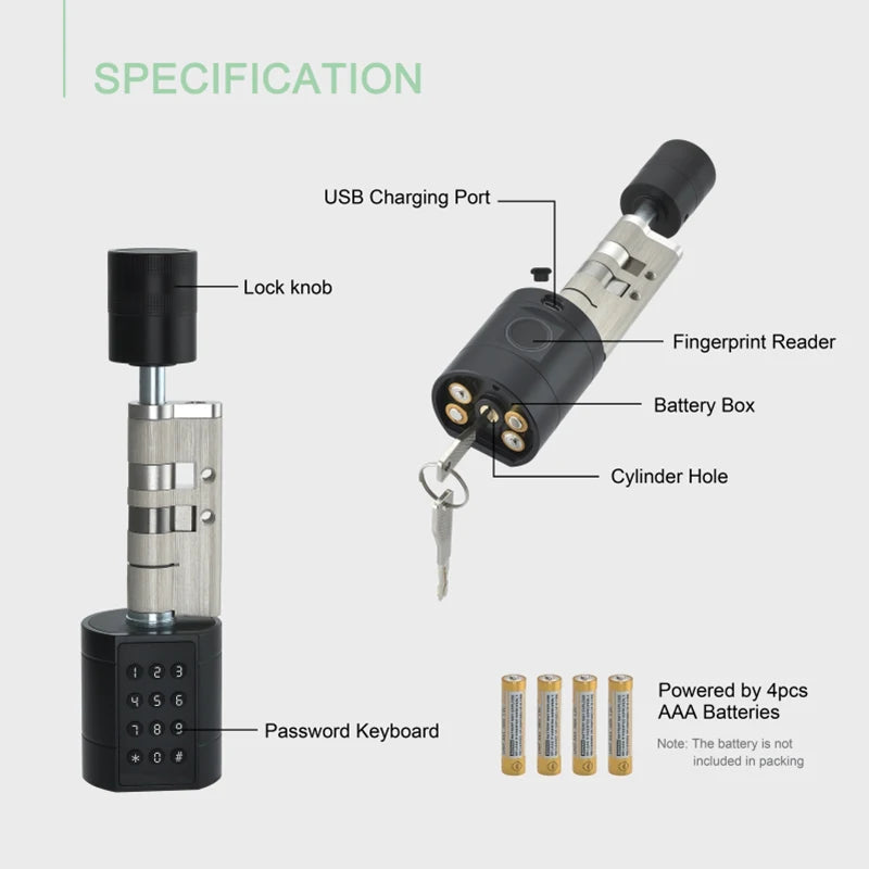 Tuya Smart Biometric Door Lock Cylinder - Keypad & App Access