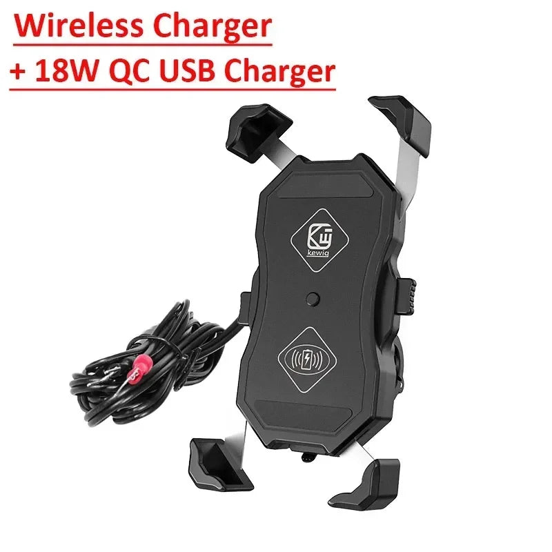 Motorcycle Phone Holder with Fast Wireless & USB Charging | Handlebar & Mirror Mount