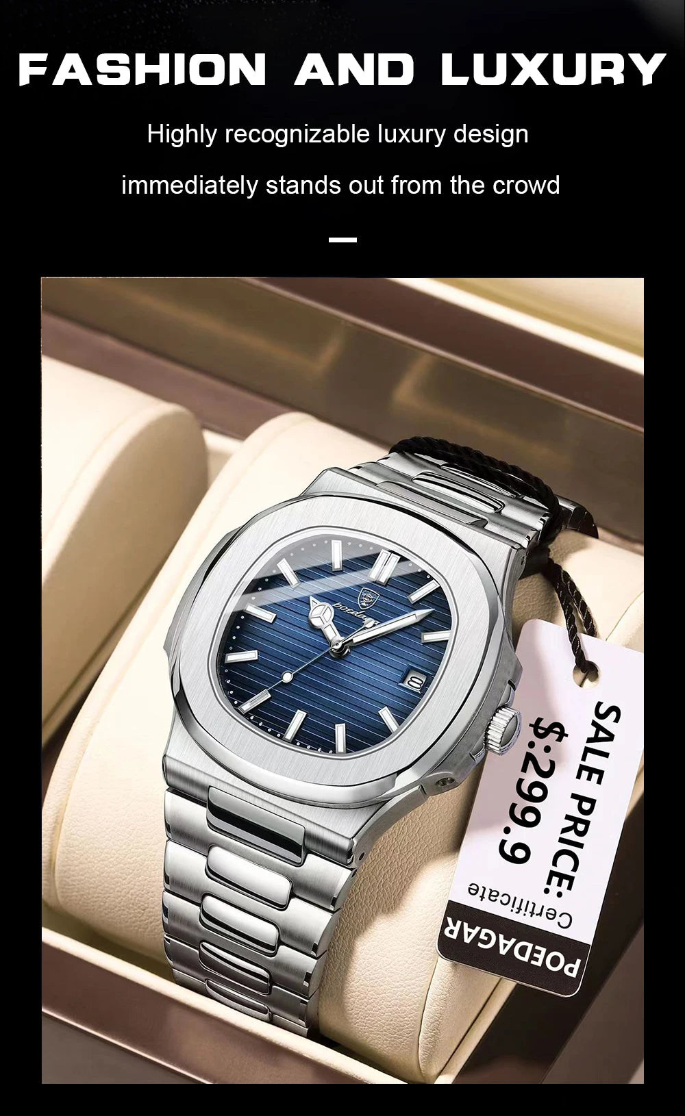 POEDAGAR Men's Square Luxury Quartz Watch - Waterproof, Luminous Date, Stainless Steel for Business & Sport