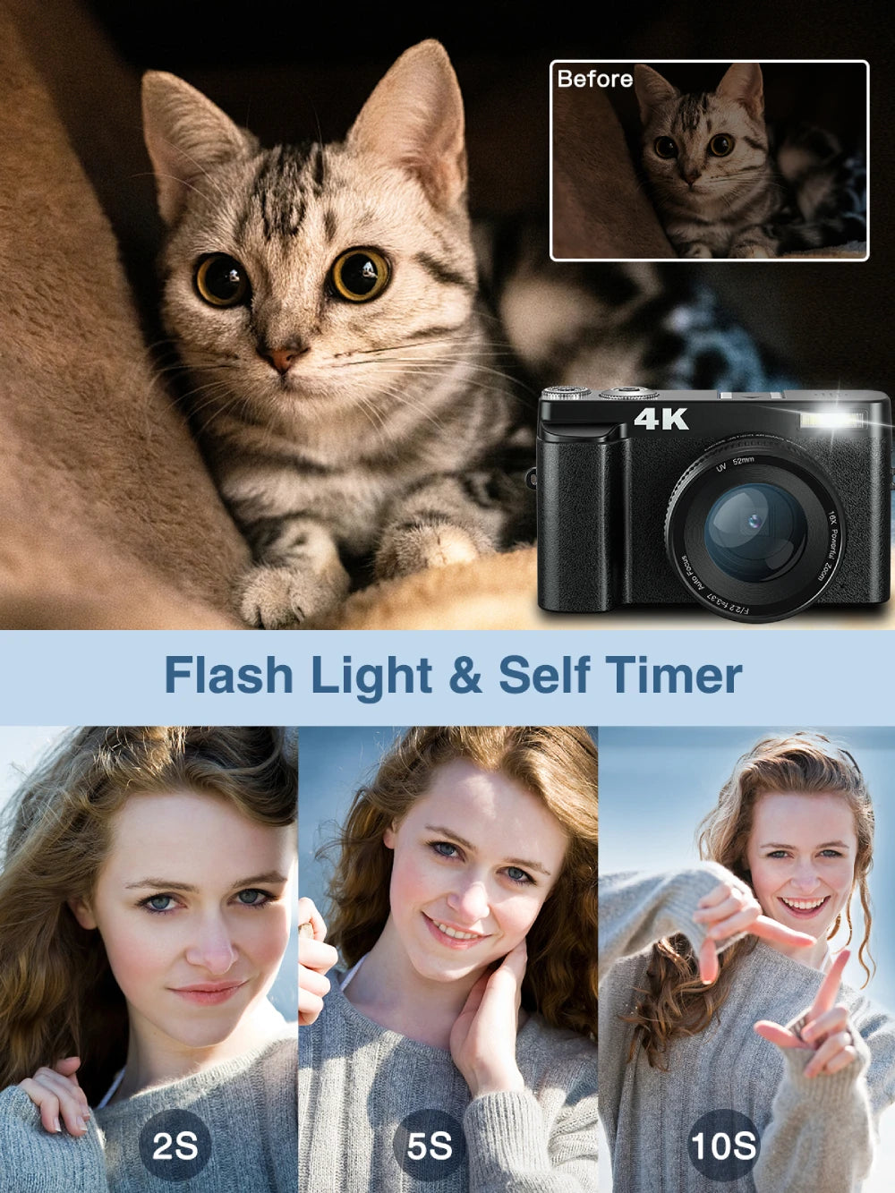 Vabena 4K 48MP Vlogging Camera | Flip Screen & Flash for YouTube & TikTok
