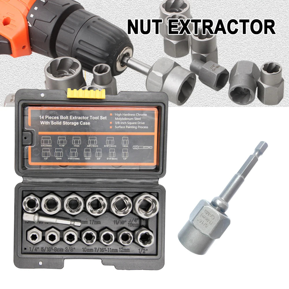 14pc Nut Extractor Set - Broken, Rounded & Anti-Theft Screw Removal Tool