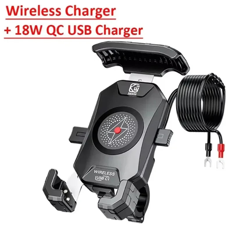 Motorcycle Phone Holder with Fast Wireless & USB Charging | Handlebar & Mirror Mount