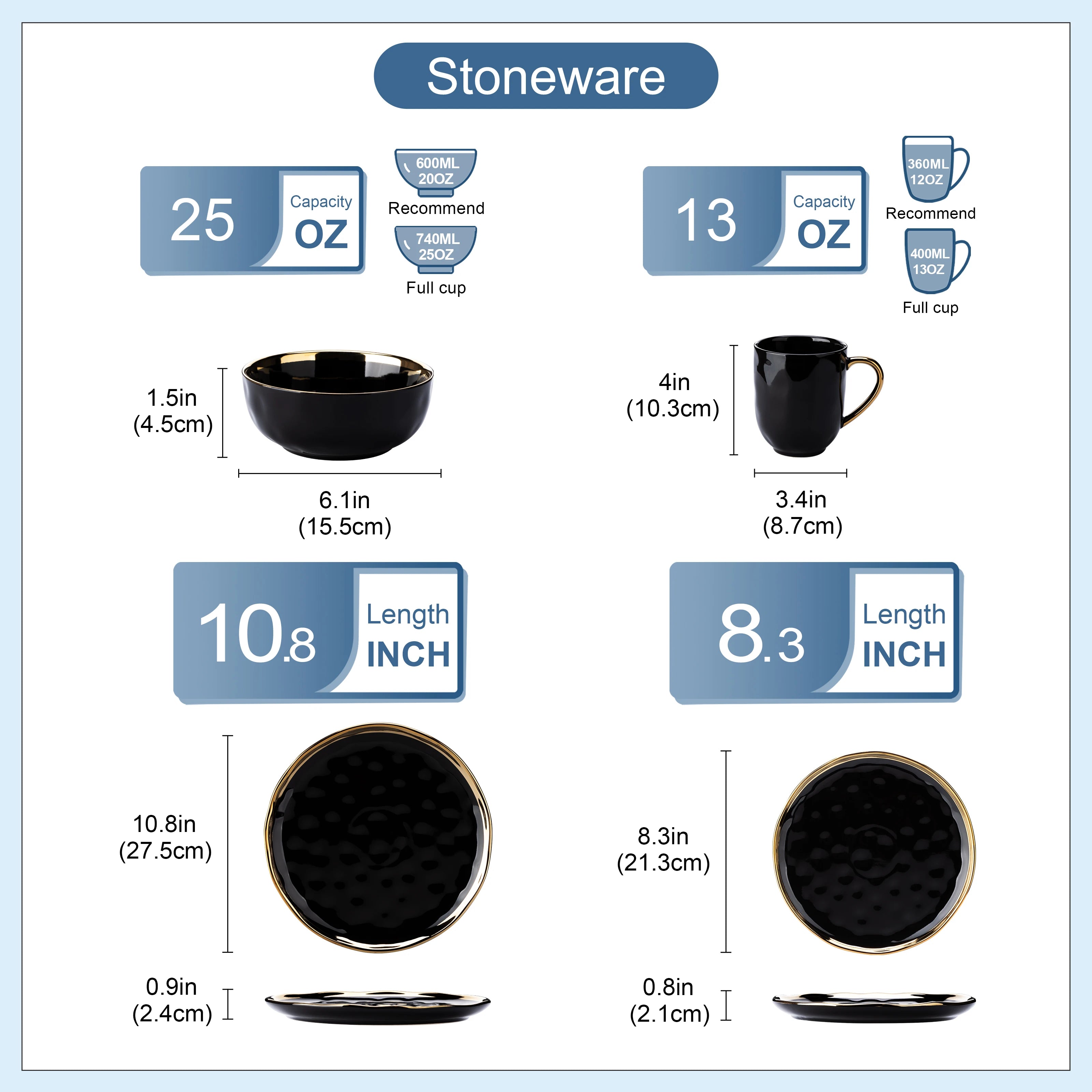 LOVECASA 16/32-Piece Black Porcelain & Gold Dinnerware Set