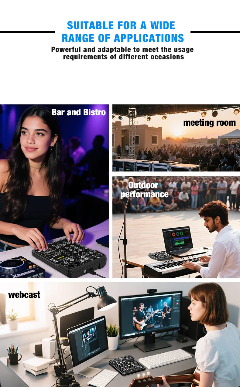 4-Channel Bluetooth Audio Mixer Console with 48V Phantom Power for USB Computer & Karaoke