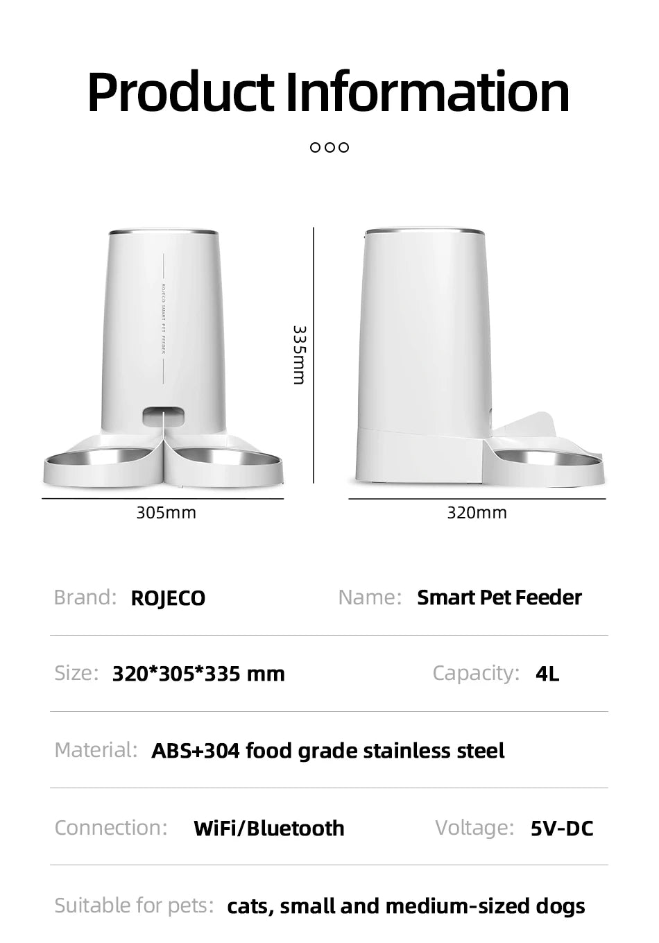 ROJECO Smart WiFi Double Automatic Pet Feeder | Remote Control Kibble Dispenser
