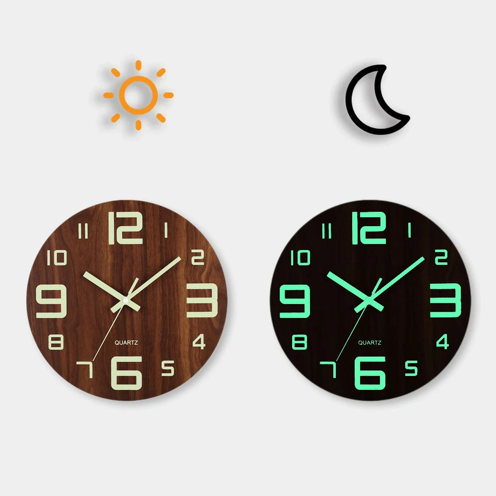 12-Inch Nordic Luminous Wood Wall Clock - Silent & Stylish