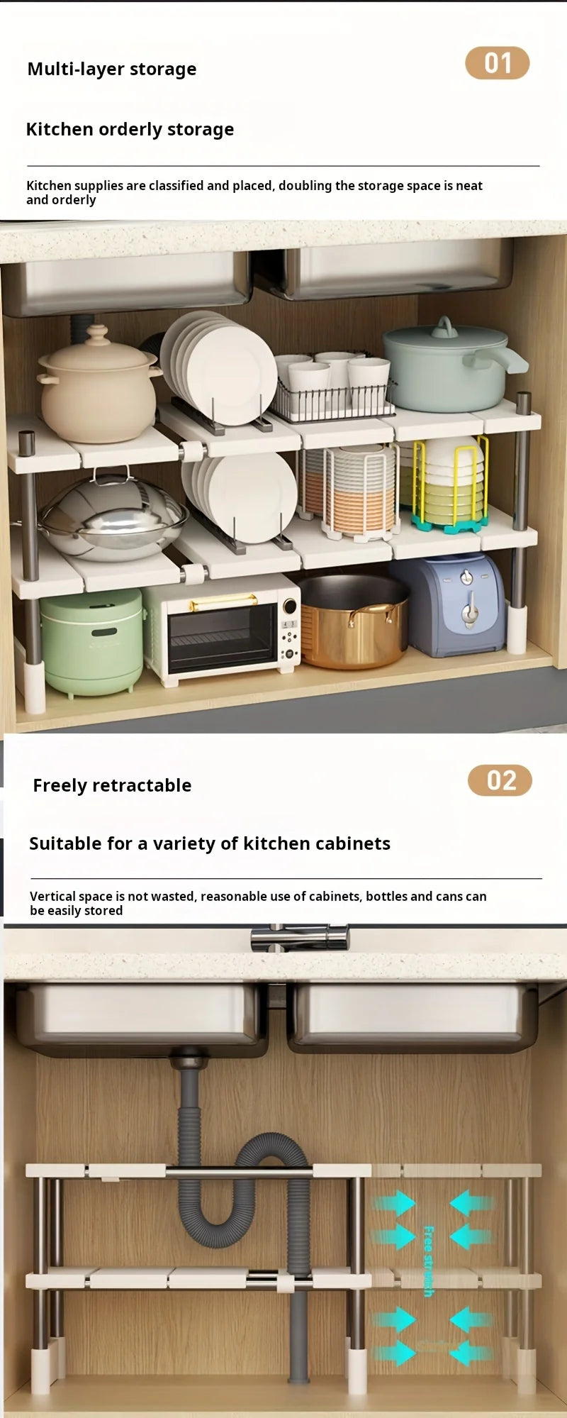 Adjustable Under Sink Storage Rack | Expandable Kitchen & Bathroom Organizer