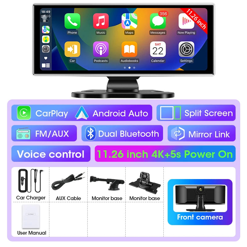 10/11.26" 4K Dash Cam with Wireless Carplay & Android Auto | GPS | Dual Lens