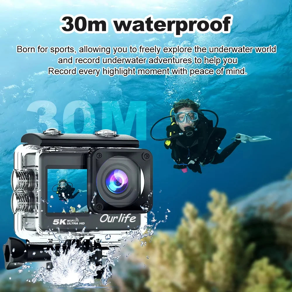 Ourlife 5K Action Camera 4K60FPS | Touch Screen, 30M Waterproof