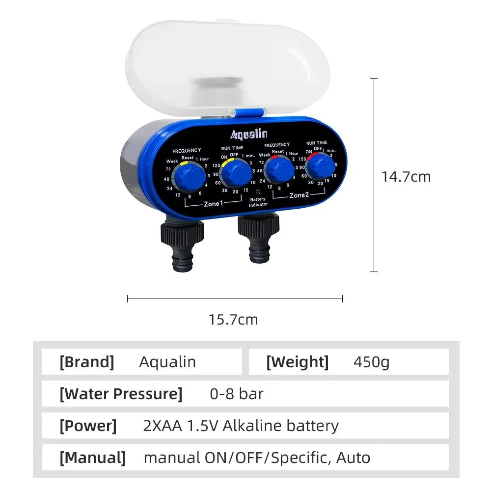 Automatic Garden Water Timer, 2 Outlet Ball Valve, 4 Dials, 0 Pressure Irrigation Controller for Yard