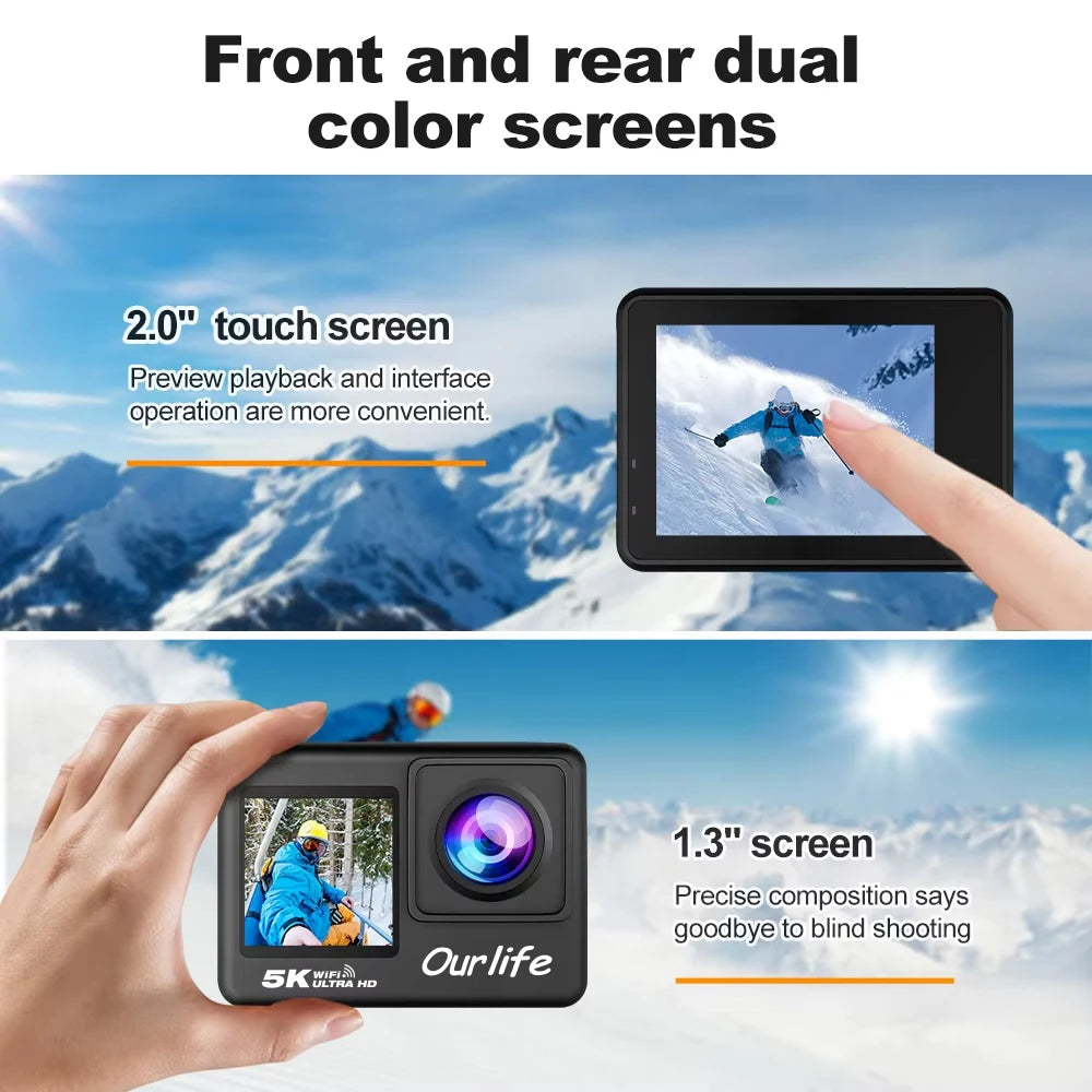 Ourlife 5K Action Camera 4K60FPS | Touch Screen, 30M Waterproof