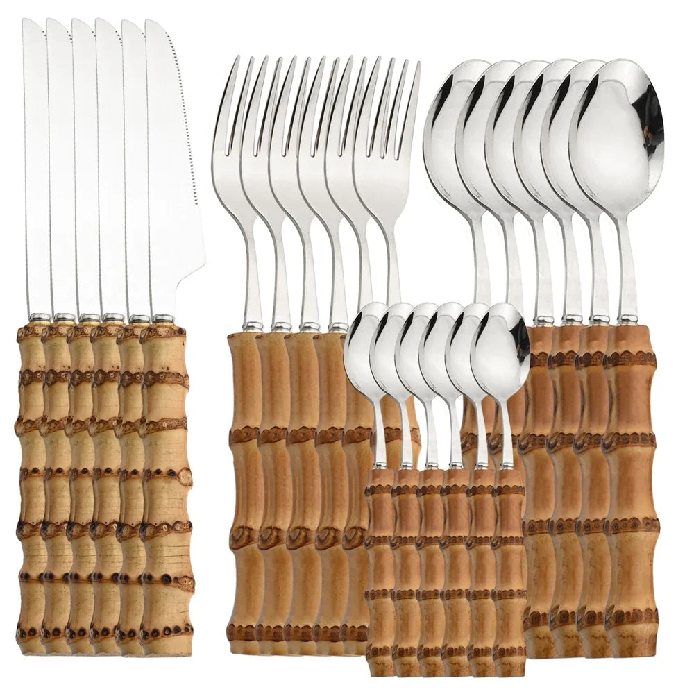 24Pcs Bamboo Handle Stainless Steel Cutlery Set - Natural Flatware