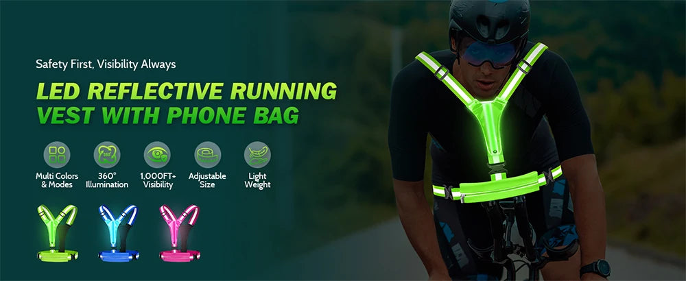 Vabena LED Reflective Running Vest - USB Rechargeable & Waterproof Phone Pouch