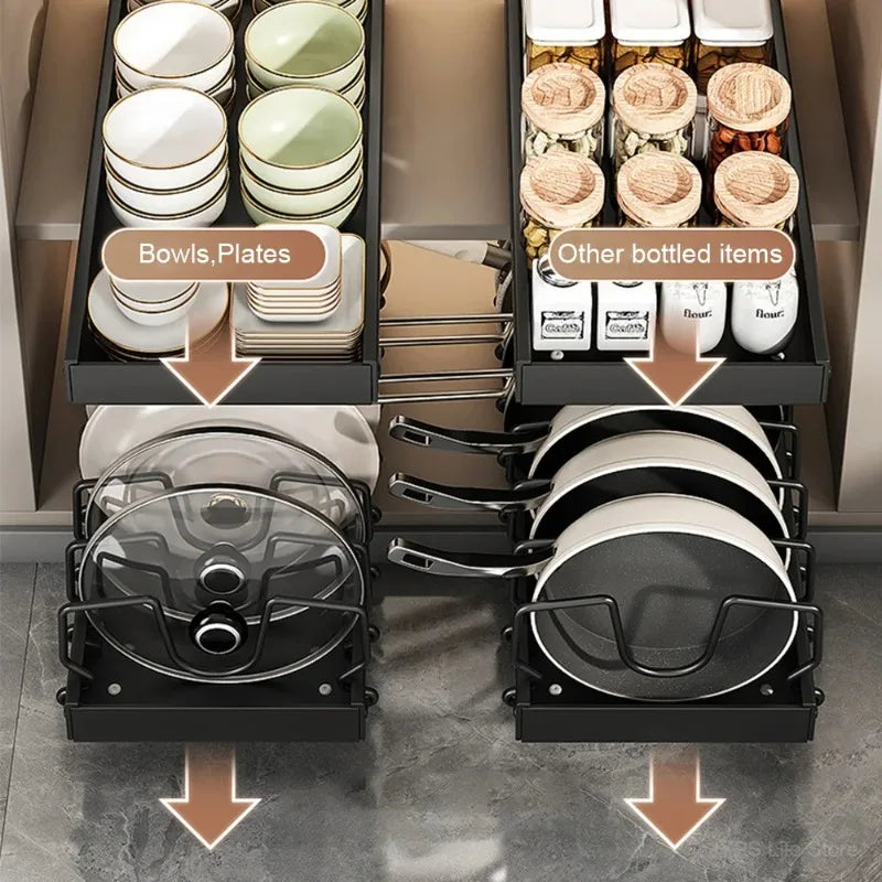 Kitchen Multifunctional Pull-Out Organizer for Pots, Pans, Lids, Spices & Dishes