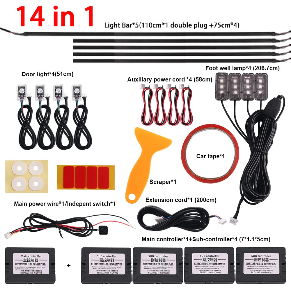 18-in-1 Car Interior RGB Ambient Light Kit - 64 Colors, App Controlled Symphony Lighting