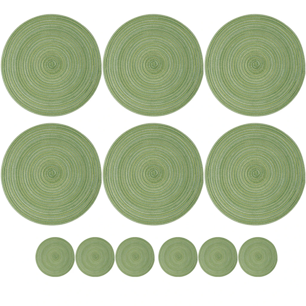 Set of 12 Round Braided Placemats & Coasters | Washable, Heat Resistant & Non-Slip
