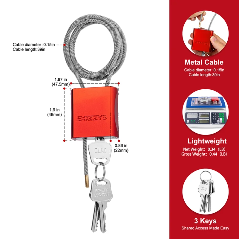 BOZZYS Adjustable Cable Lockout Padlock - Industrial Safety Lock
