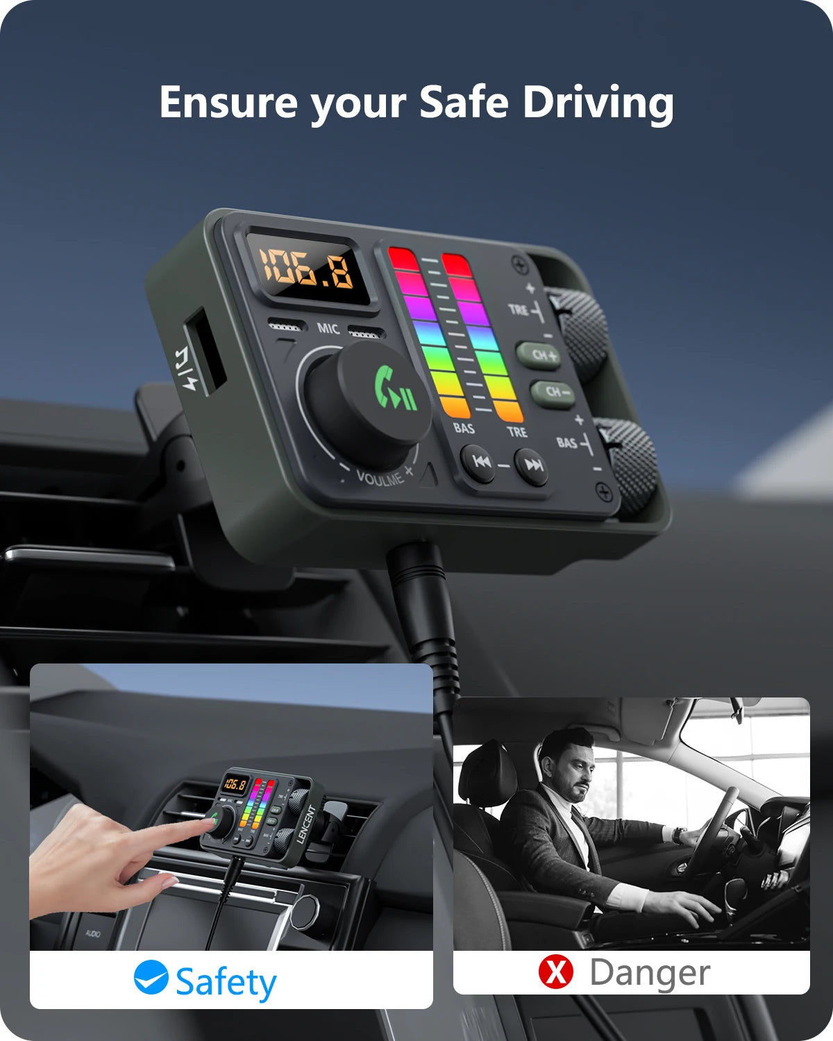 LENCENT Bluetooth 5.3 Car FM Transmitter & Fast Charger
