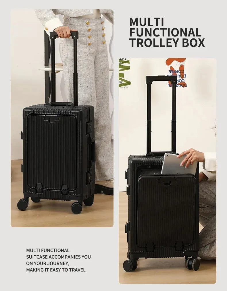 Vabena Front Opening USB Charging Aluminum Carry-on Suitcase
