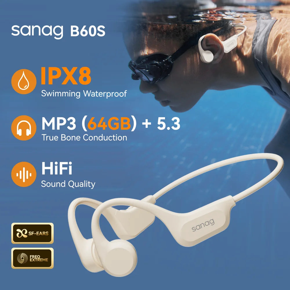 Sanag B60S Bone Conduction Swimming Headphones IPX8 Bluetooth MP3