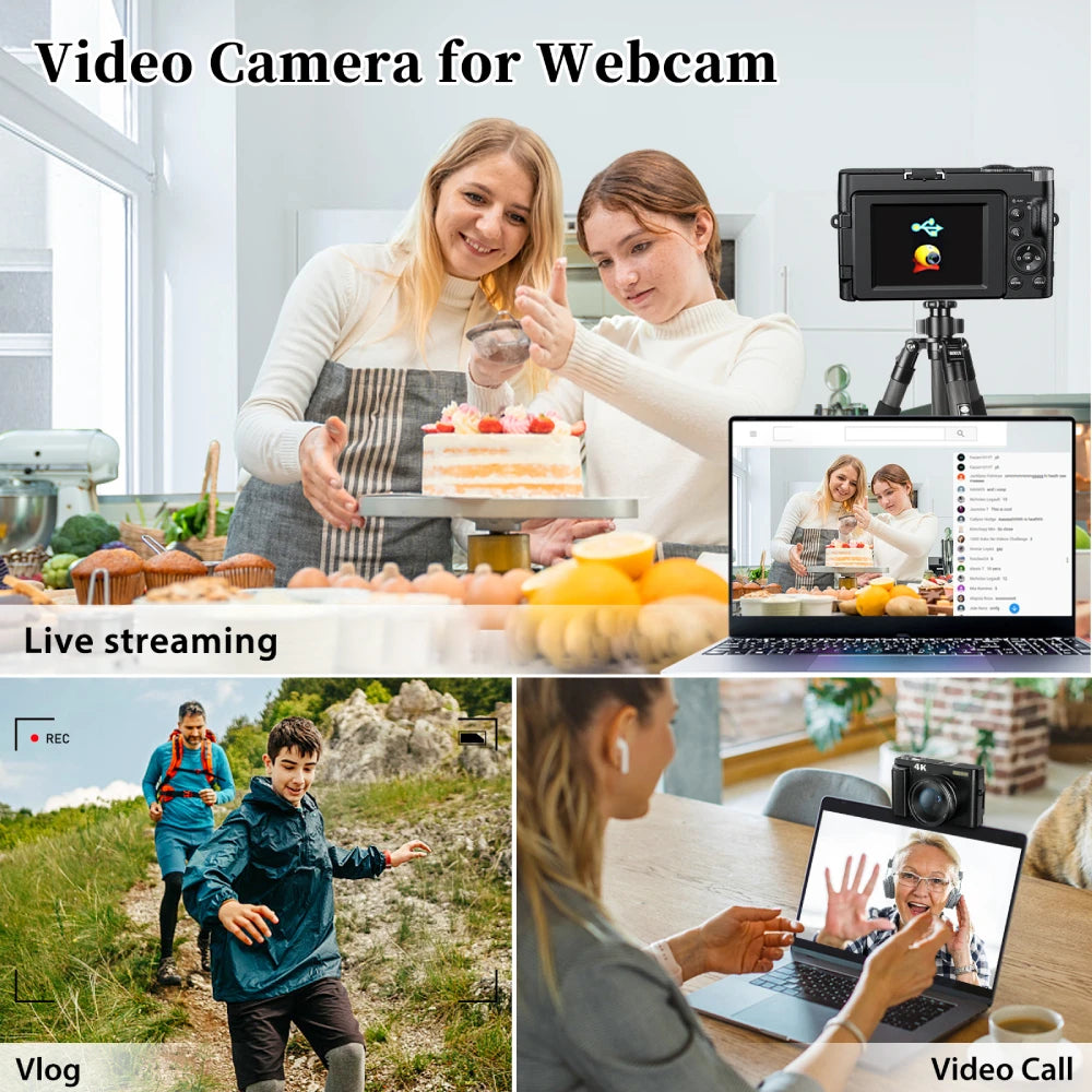 Vabena 4K 48MP Vlogging Camera | Flip Screen & Flash for YouTube & TikTok