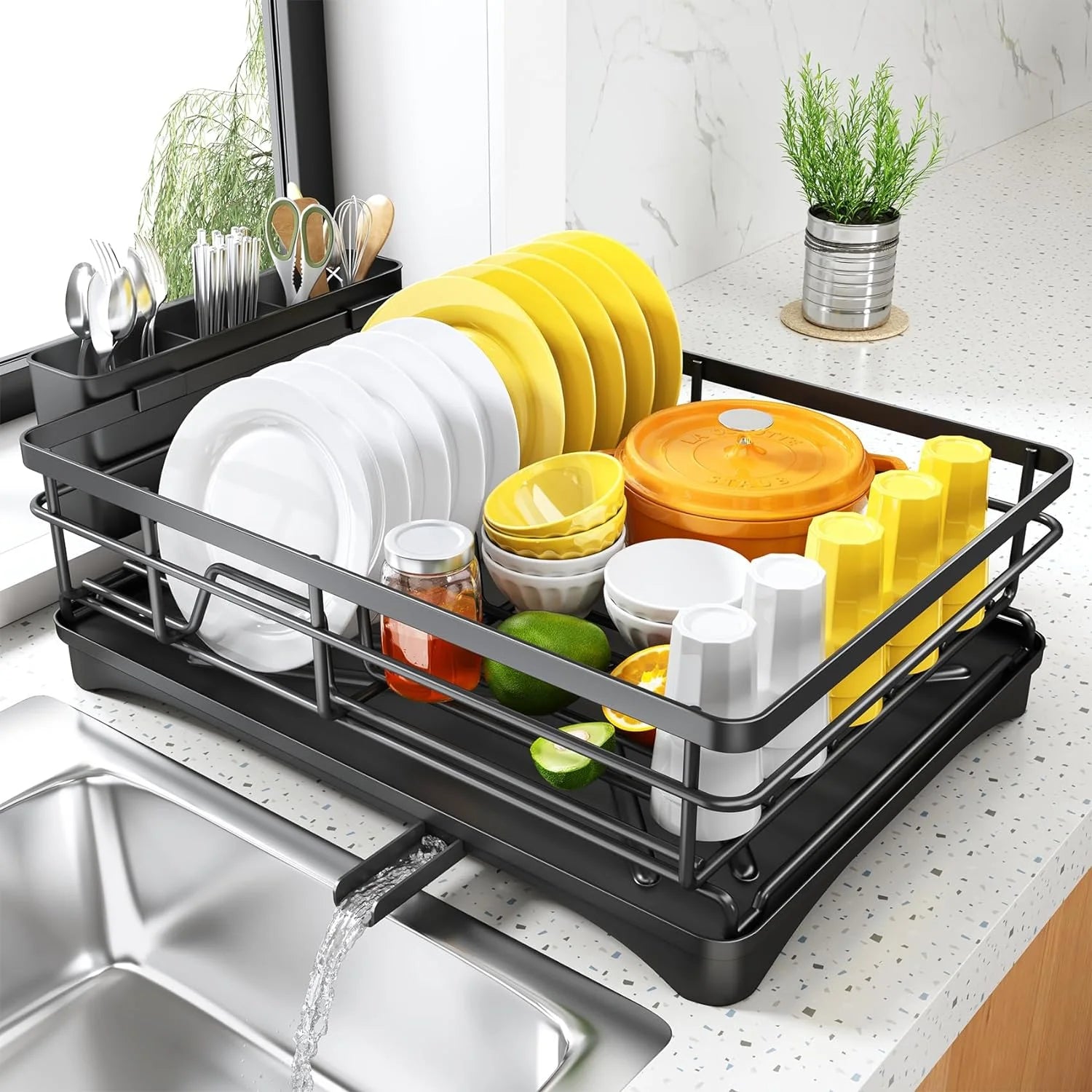 Large Rustproof Dish Drying Rack for Kitchen Counter with Drainboard & Utensil Holder