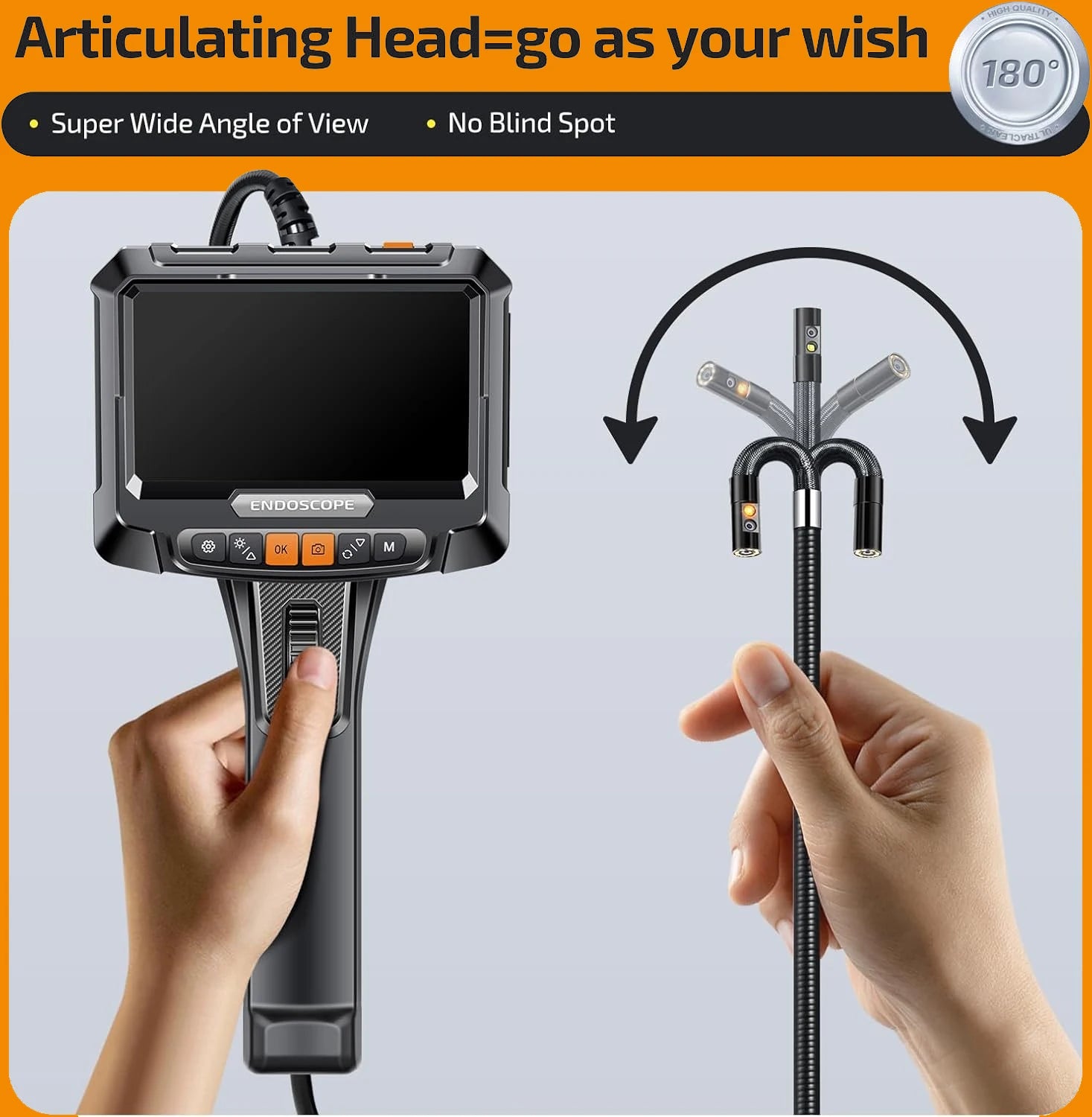 Vabena 360° Rotating Dual-Lens Endoscope - 3.9MM Industrial Inspection Camera with 5-inch IPS Display