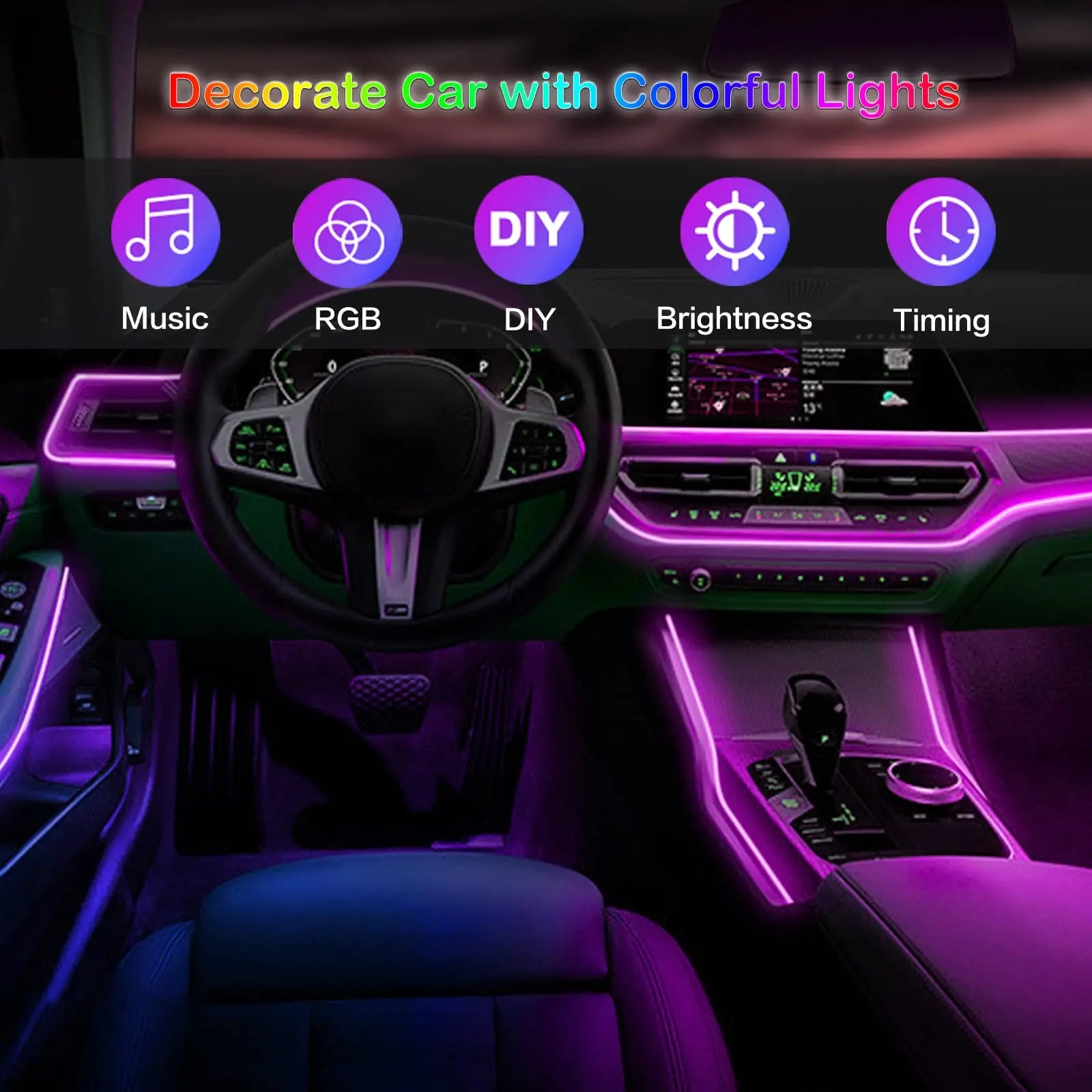 LED Car Interior Ambient Lighting Kit - RGB App Control Fiber Optic Strips
