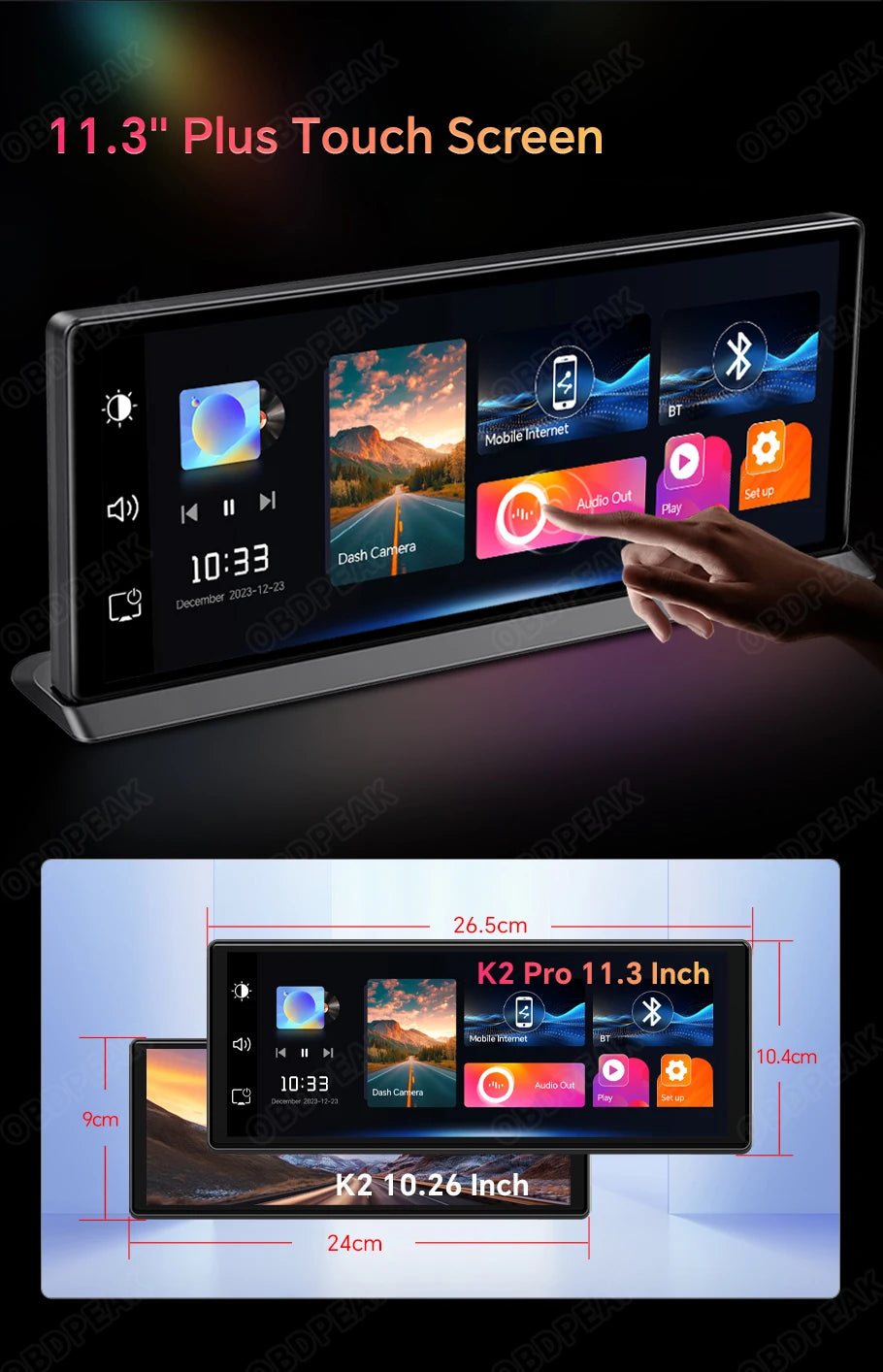 K2 Pro 11.3" 4K Wireless CarPlay Android Auto Dash Cam with GPS & Dual Lens