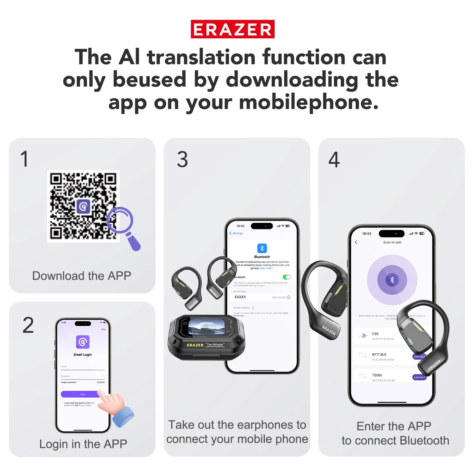 Erazer XP6 AI Translator Wireless Earbuds - Gaming Headset with App Equalizer